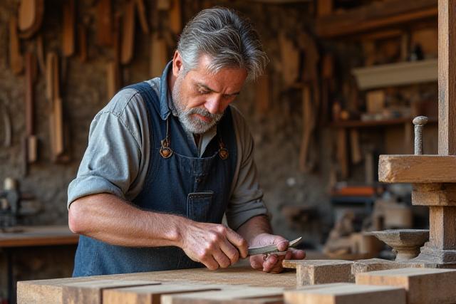 Hantverkare i en möbelverkstad som noggrant arbetar med trädetaljer, med fokus på kvalitet och traditionellt hantverk.