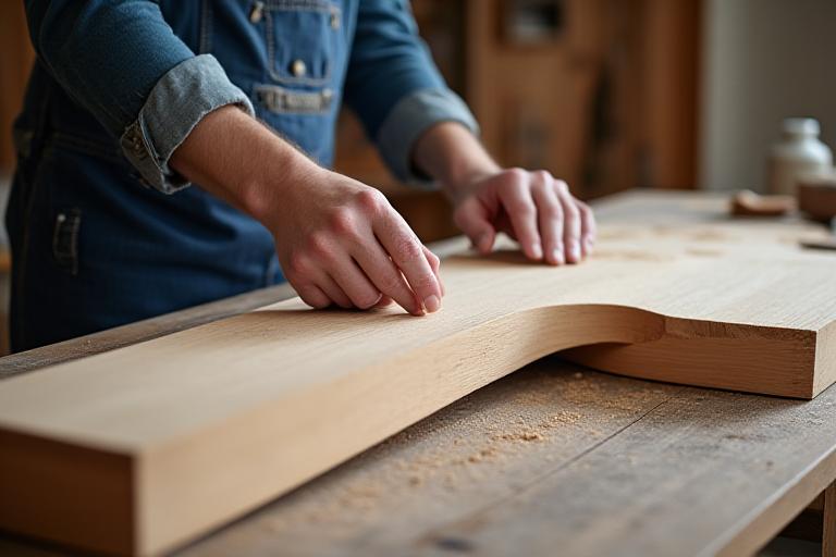 Bild på en möbelsnickare som arbetar med ett elegant trästycke, representerar måttbeställda möbler